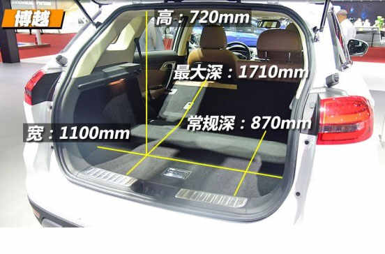 吉利博越后备箱尺寸图片:博越后备箱宽度:1100mm,高度:720 mm,常规纵深:870 mm,最大纵深1710 mm。博越后备箱具体容积官方没有公布,不过在座椅不放倒的情况下约为480L-500L。 我们通过图片也很容易看得出现,博越后排座椅放倒后的平整度的确不好,角度还是有些大的。与热销车型途观相比,博越和途观的后备箱整体相差不多,博越的纵深要好过途观,而途观在高度上表现更好,不过博越的后备箱地台高度更高,搬运重物有些不便。 后备箱空间方面,博越比瑞虎7 在实测数据方面就有不小的差距,尤其是宽度和